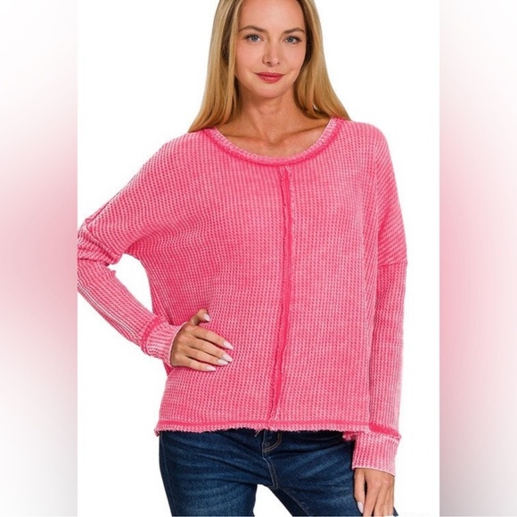 ❤️‍🔥❤️‍🔥Zenana Oversized Washed Waffle Long Sleeve Top Final - Picture 13 of 14